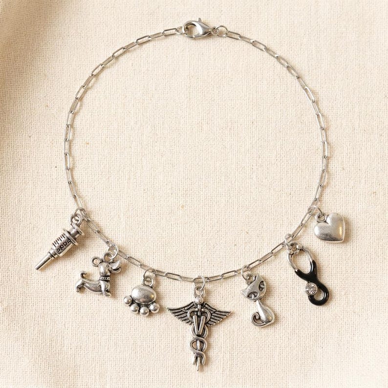 Veterinary Multi Charm Link Necklace, Silver - 20 inch - - LadybugfeetDesigns -