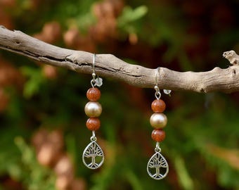 Teardrop Tree of Life Hook Earrings, Silver