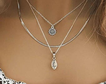 Sunflower Initial Leaf Layered Necklace Set, Silver