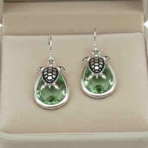 Sea Glass, Sea Turtle Crystal Dangle Earrings - - LadybugfeetDesigns -