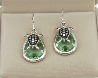 Sea Glass, Sea Turtle Crystal Dangle Earrings