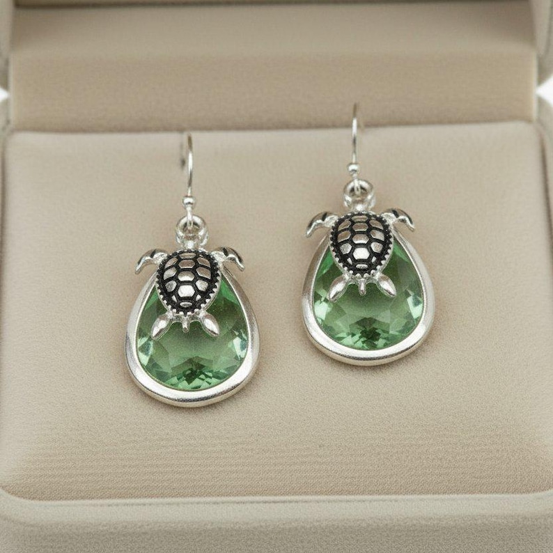 Sea Glass, Sea Turtle Crystal Dangle Earrings - - LadybugfeetDesigns -