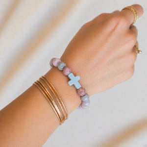 Pink Zebra Jasper Beaded Cross Stretch bracelet - - LadybugfeetDesigns -