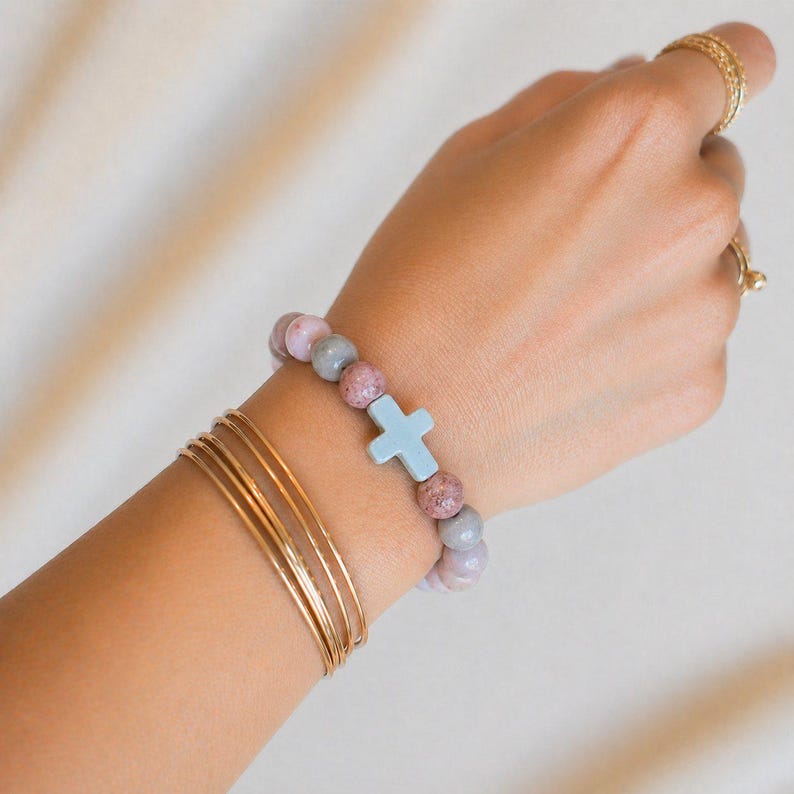 Pink Zebra Jasper Beaded Cross Stretch bracelet - - LadybugfeetDesigns -