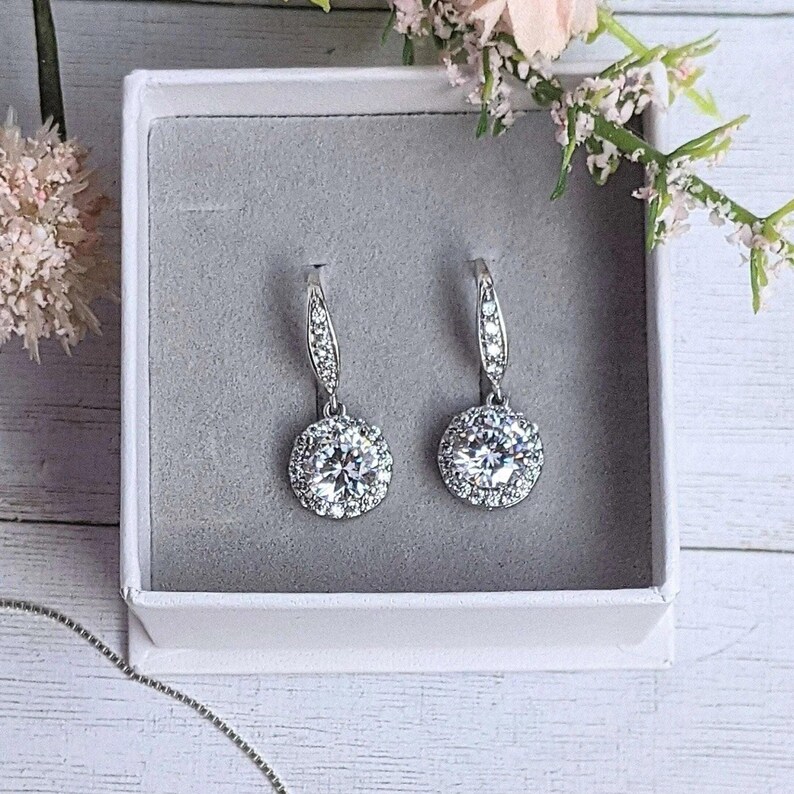 CZ Diamond Halo Earrings-APRIL Birthstone-Wedding Jewelry - - LadybugfeetDesigns -