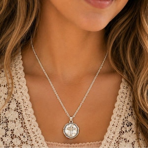 Hammered Cross Coin Necklace- Silver - 20 - 24 inch