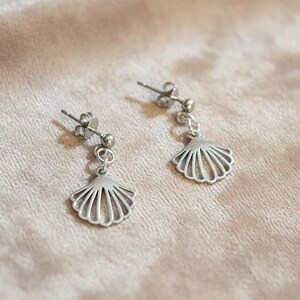 Sea Scallop Charm Drop Stud Earrings-Silver - - LadybugfeetDesigns -