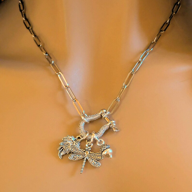 Forest Friends Dragonfly Shackle Clasp Carabiner Necklace, Silver - 20 inch - - LadybugfeetDesigns -
