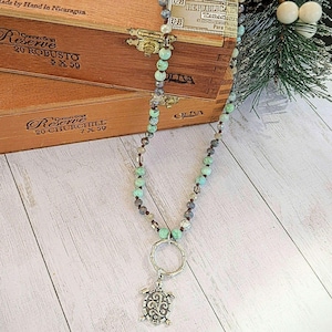 Sea Turtle Semi-Precious Gemstone Necklace - 36 inch - - LadybugfeetDesigns -