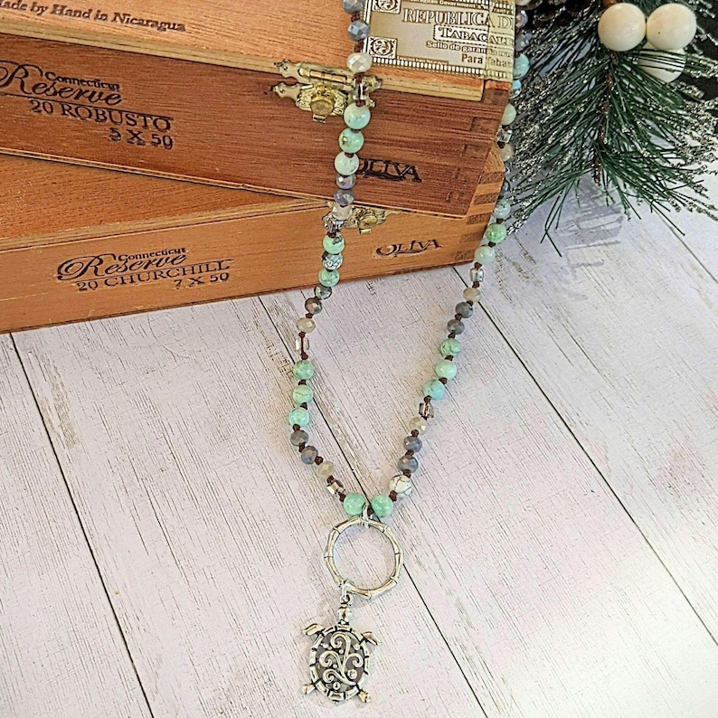 Sea Turtle Semi-Precious Gemstone Necklace - 36 inch - - LadybugfeetDesigns -