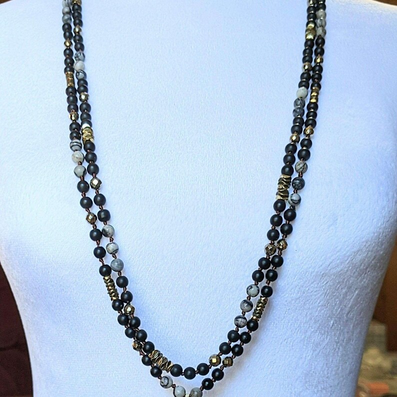 Spider Web Jasper + Hematite + Crystal Semi-Precious Gemstone Necklace w/ Open Heart Pendant - 36 inch - - LadybugfeetDesigns -