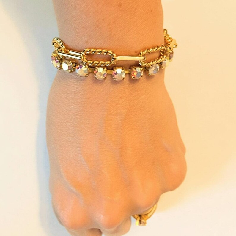 Gold Paperclip Layered Faceted Crystal Bracelet - - LadybugfeetDesigns -