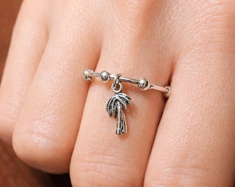 Sterling Silver Palm Tree Adjustable Charm Ring