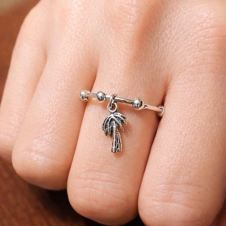 Sterling Silver Palm Tree Adjustable Charm Ring - - LadybugfeetDesigns -