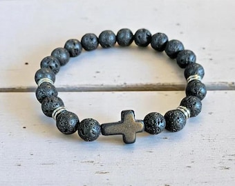 Black Lava Beaded Cross Stretch Bracelet-UNISEX