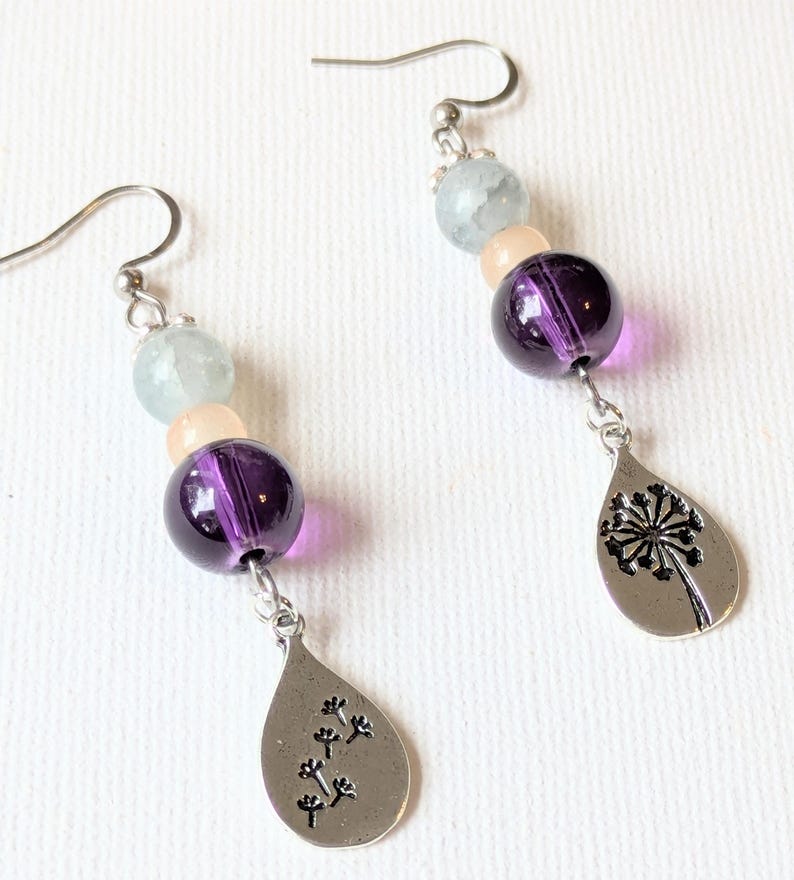 Dandelion Mismatched Beaded Hook Earrings, Silver - - LadybugfeetDesigns -
