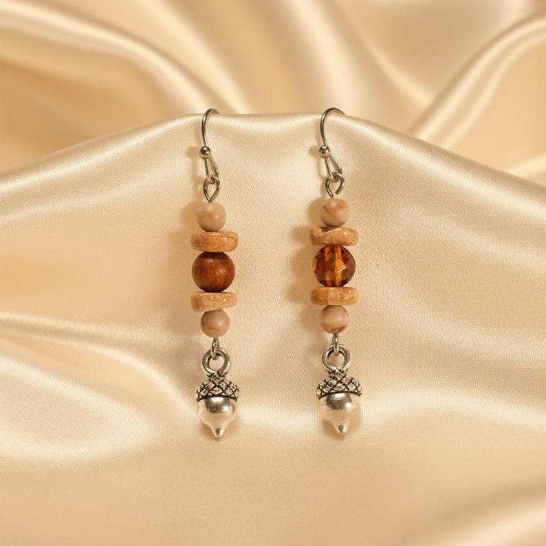 Acorn Beaded Sunstone Hook Earrings, Silver - - LadybugfeetDesigns -