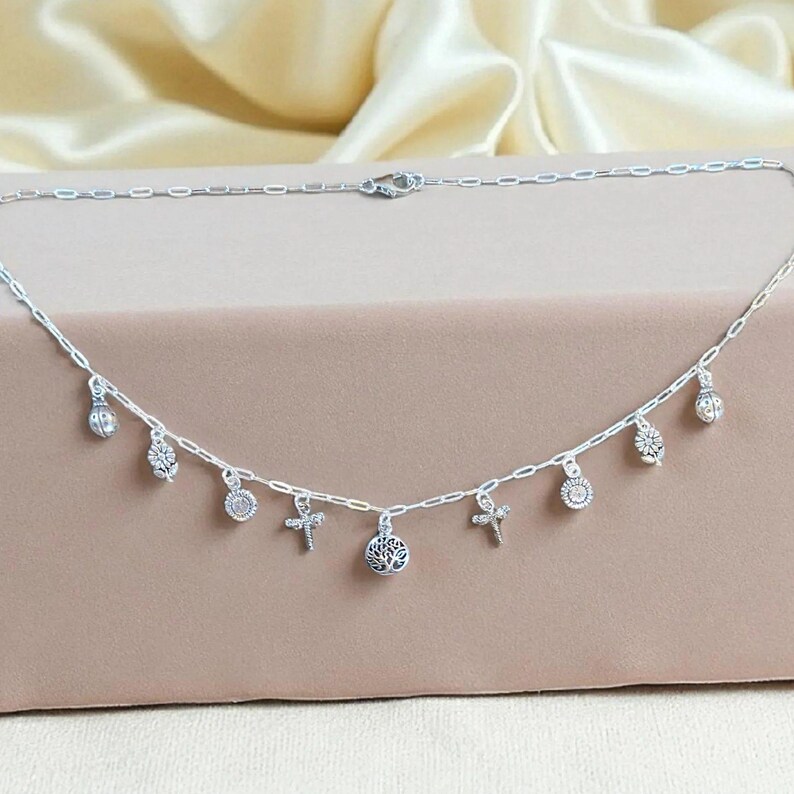Nature Lover Multi Charm Link Necklace, .925 Sterling Silver - 20 inch - - LadybugfeetDesigns -