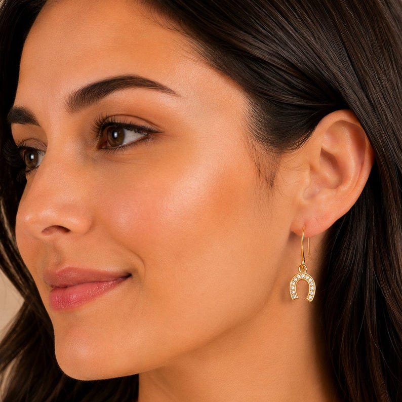CZ Horseshoe dangle earrings, Gold - - LadybugfeetDesigns -
