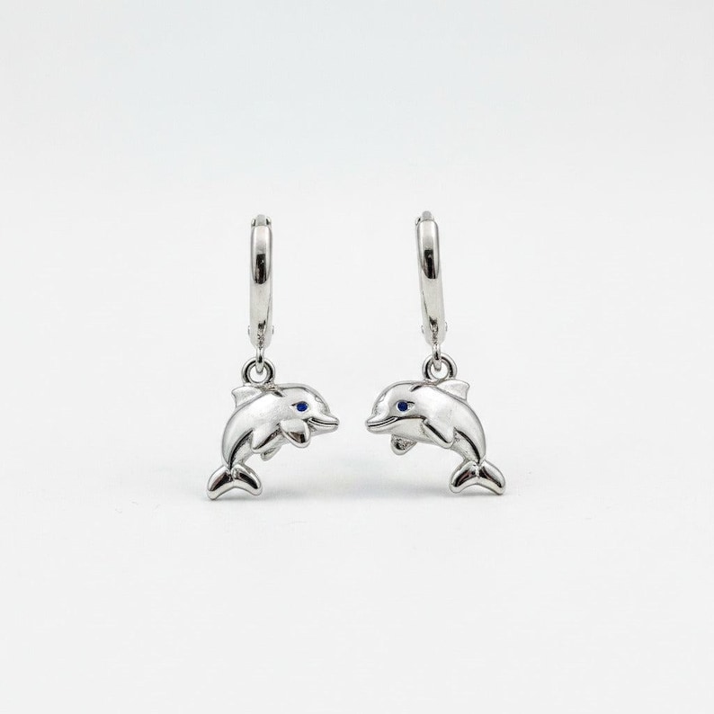 Dolphin Huggie Hoop earrings, Silver - 15mm - - LadybugfeetDesigns -