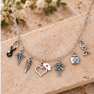 Nursing Multi Charm Link Necklace, Silver - 20 inch - - LadybugfeetDesigns -