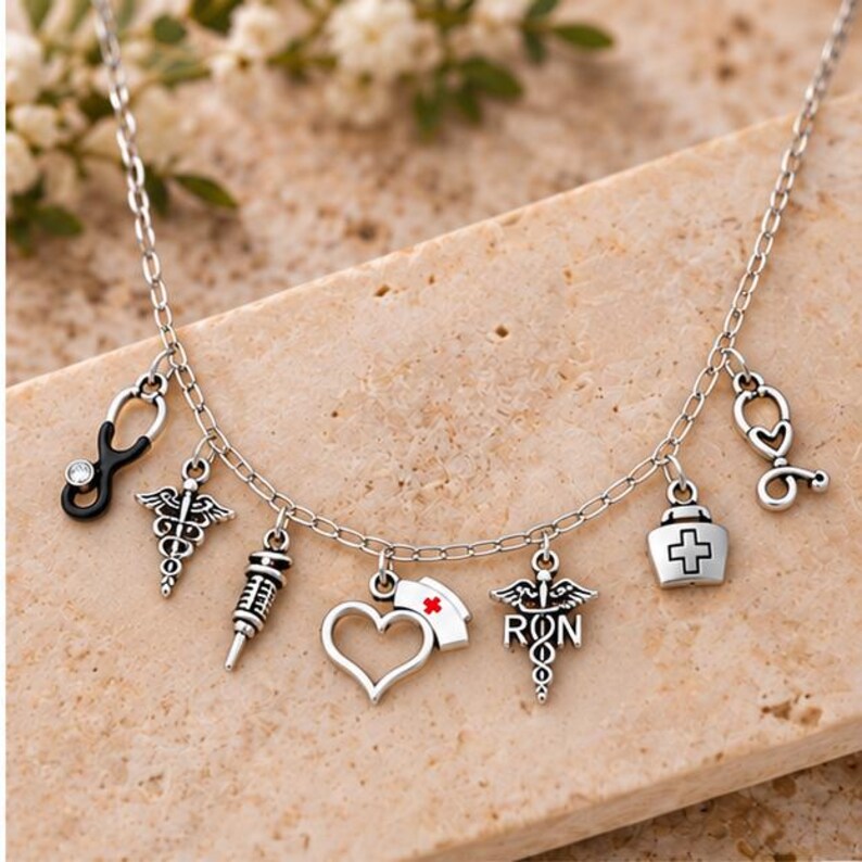 Nursing Multi Charm Link Necklace, Silver - 20 inch - - LadybugfeetDesigns -