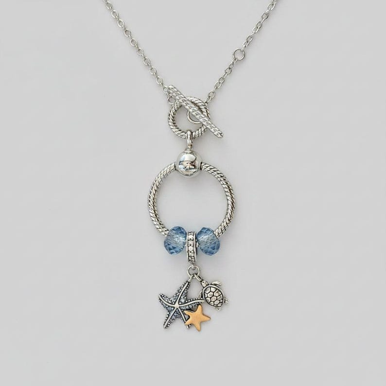 Sea Life Sterling Silver Toggle Charm Necklace, 20 inches - - LadybugfeetDesigns -