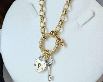 Heart Lock and Key Shackle Clasp Carabiner Necklace, Gold - 20 inch