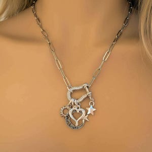 Celestial Crescent Moon and Heart Shackle Clasp Carabiner Necklace, Silver - Adjusts up to 20 inches - - LadybugfeetDesigns -
