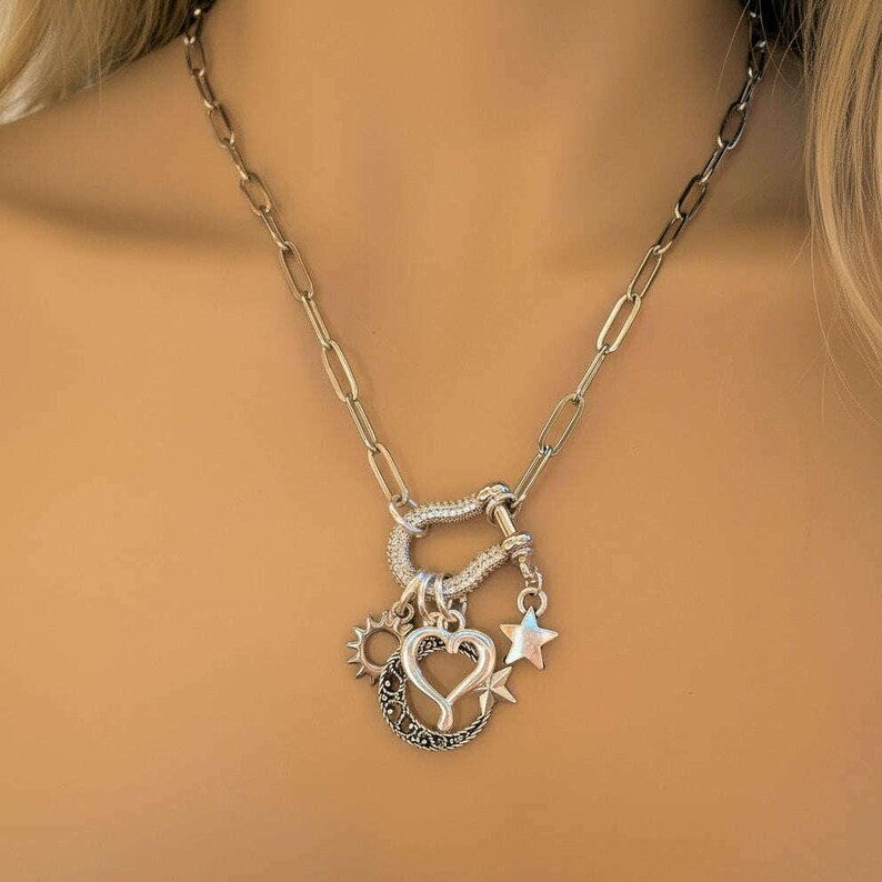 Celestial Crescent Moon and Heart Shackle Clasp Carabiner Necklace, Silver - Adjusts up to 20 inches - - LadybugfeetDesigns -