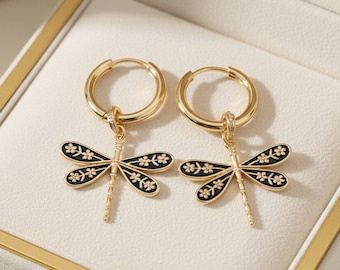 Dragonfly Huggie Hoop earrings, Gold - 12mm