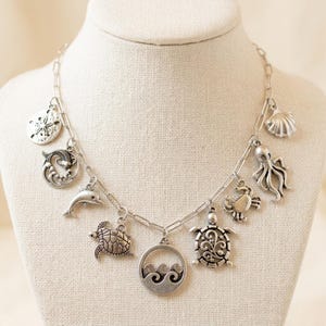 Ocean Lover II Multi Charm Link Necklace, Silver - 20 inch - - LadybugfeetDesigns -