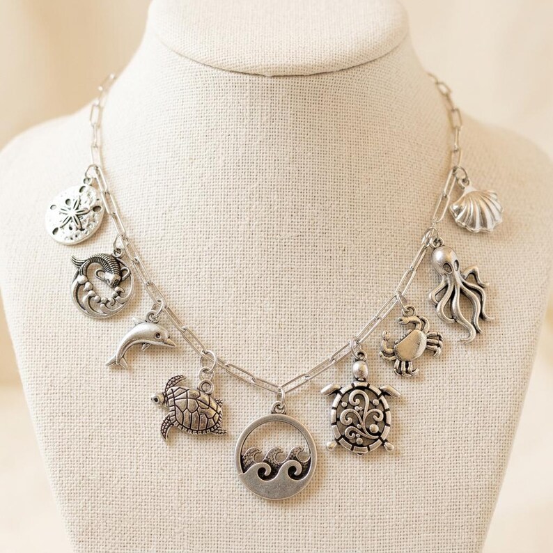 Ocean Lover II Multi Charm Link Necklace, Silver - 20 inch - - LadybugfeetDesigns -