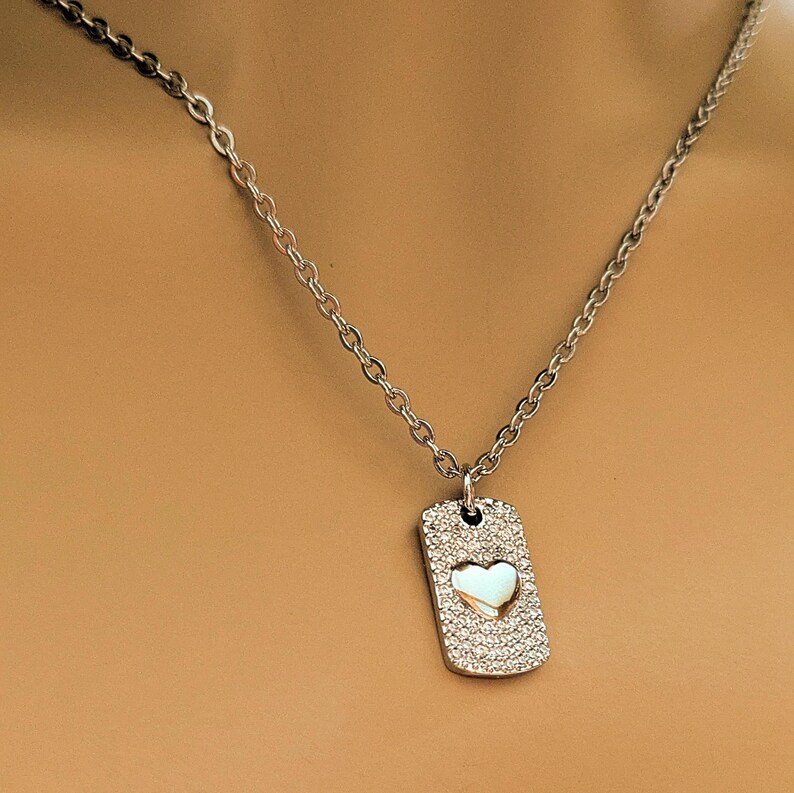 CZ Heart Tag Necklace, Silver - 20 inch - - LadybugfeetDesigns -