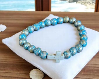 Aqua Silver Gold Beaded Cross Stretch bracelet