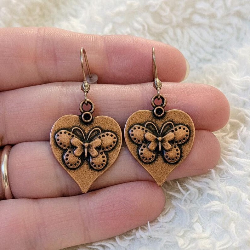 Butterfly Heart dangle earrings, Copper/Rose Gold - - LadybugfeetDesigns -