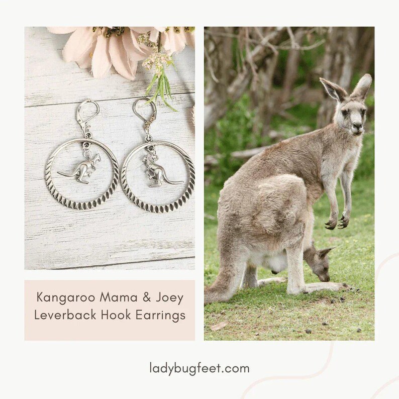 Kangaroo Mama & Joey Leverback Hook Earrings - - LadybugfeetDesigns -