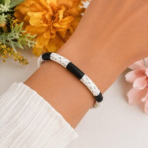 Black, Salt & Pepper Heishi Clay Disc Bracelet - - LadybugfeetDesigns -