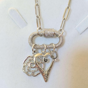 Romantic Rose, Heart, Diamond Ring Carabiner Necklace, Silver - Adjusts up to 20 inches - - LadybugfeetDesigns -