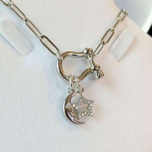 Celestial Moon CZ Star Shackle Clasp Carabiner Necklace, Silver - 20 inch - - LadybugfeetDesigns -