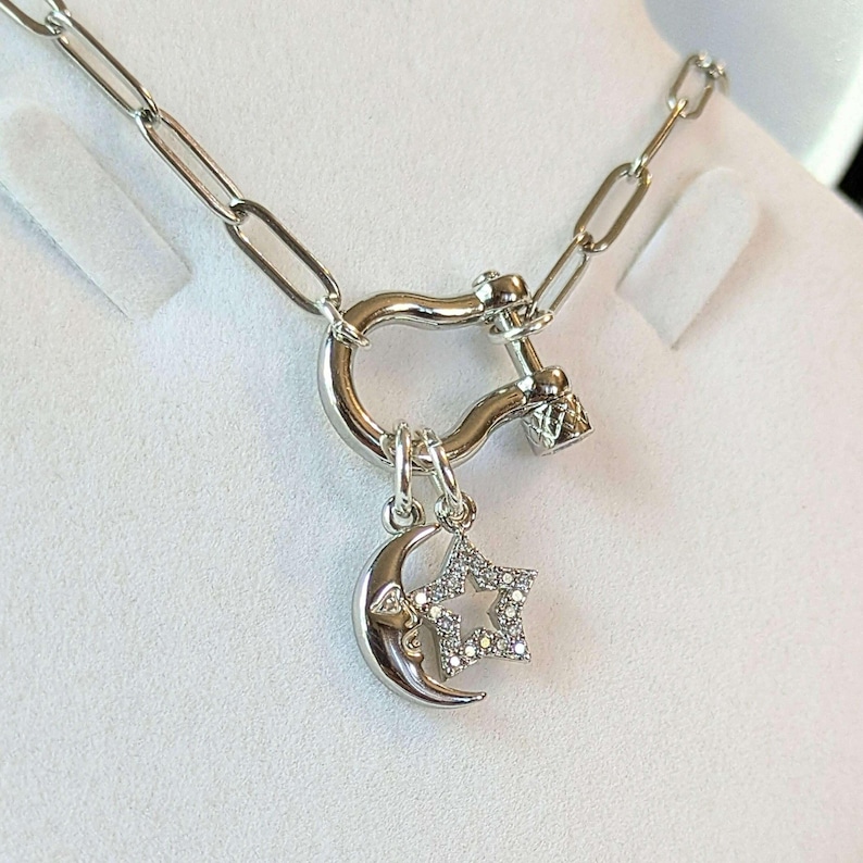Celestial Moon CZ Star Shackle Clasp Carabiner Necklace, Silver - 20 inch - - LadybugfeetDesigns -