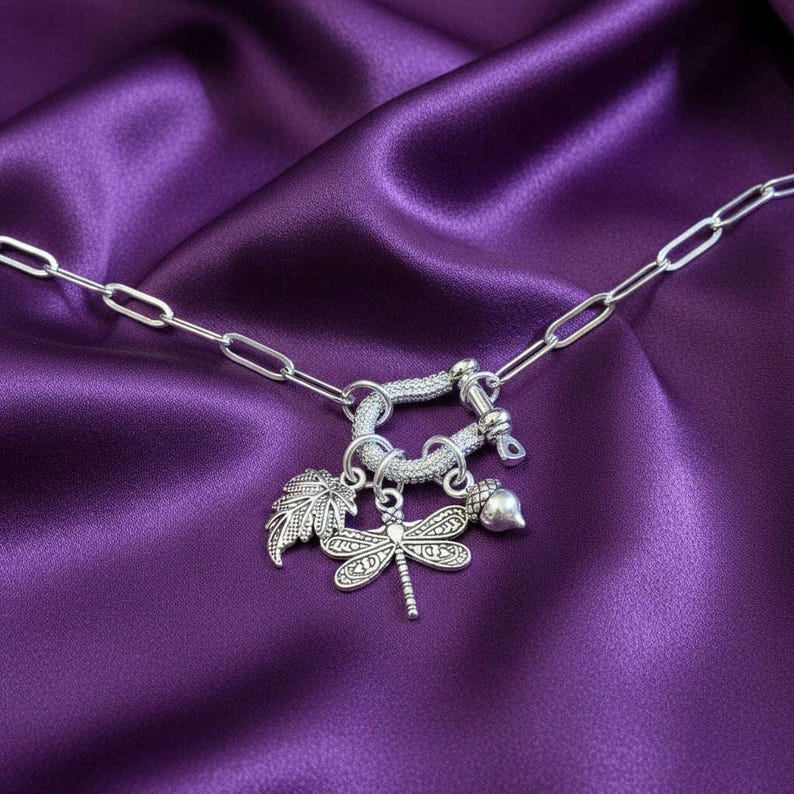 Forest Friends Dragonfly Shackle Clasp Carabiner Necklace, Silver - Adjusts up to 20 inches - - LadybugfeetDesigns -