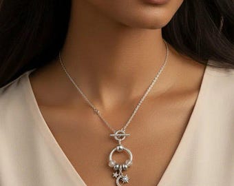 Moon Sun Star Sterling Silver Toggle Charm Necklace, 20 inches