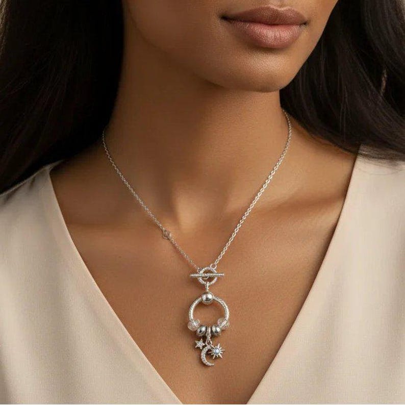 Moon Sun Star Sterling Silver Toggle Charm Necklace, 20 inches - - LadybugfeetDesigns -