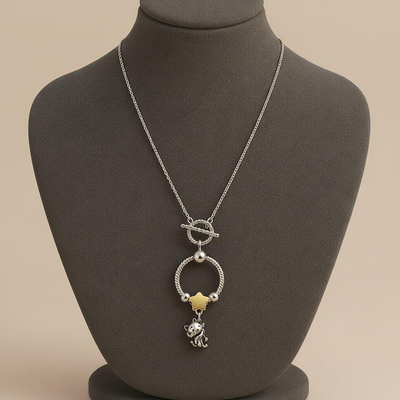 Kitty And Balloon Sterling Silver Toggle Charm Necklace, 20 inches - - LadybugfeetDesigns -