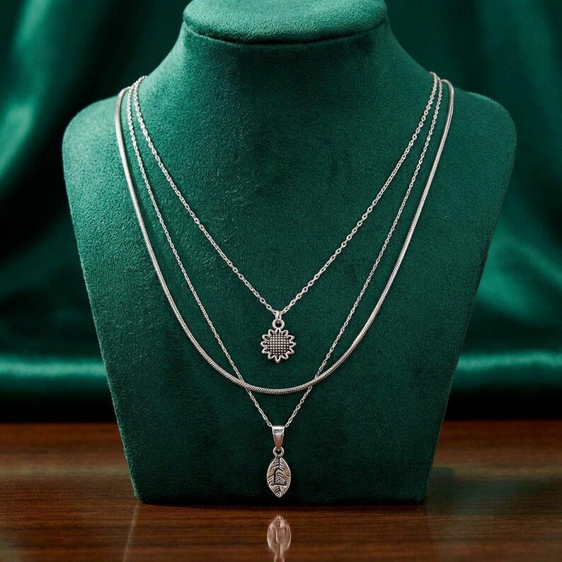 Sunflower Initial Leaf Layered Necklace Set, Silver - - LadybugfeetDesigns -