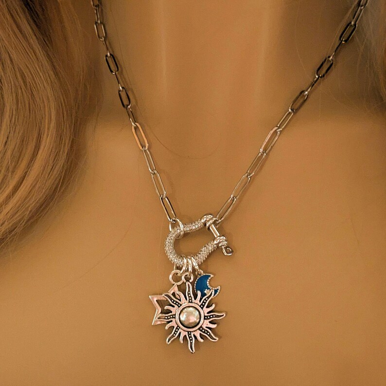 Fiery Sun, Blue Moon and Star Shackle Clasp Carabiner Necklace, Silver - 20 inch - - LadybugfeetDesigns -