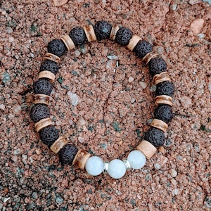 Aquamarine Gemstone Lava Bead Stretch bracelet-MARCH Birthstone - - LadybugfeetDesigns -