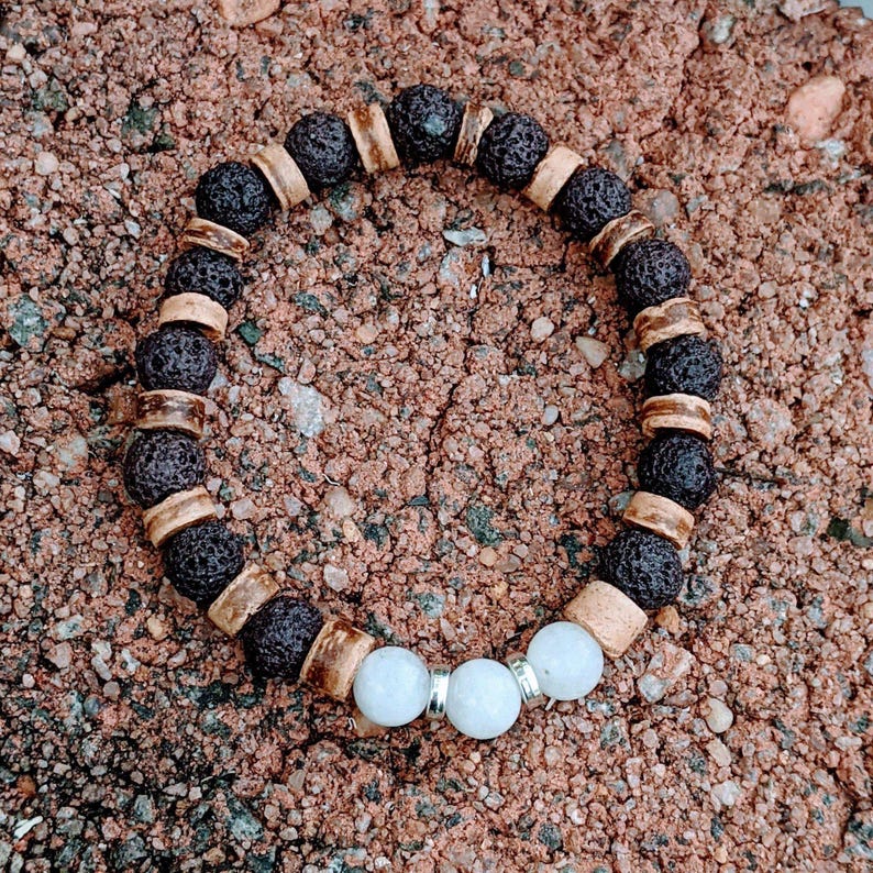 Aquamarine Gemstone Lava Bead Stretch bracelet-MARCH Birthstone - - LadybugfeetDesigns -