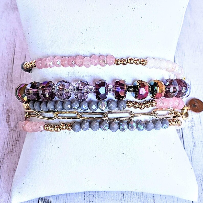 Pink Champagne Crystal Beaded Endless wrap bracelet - - LadybugfeetDesigns -